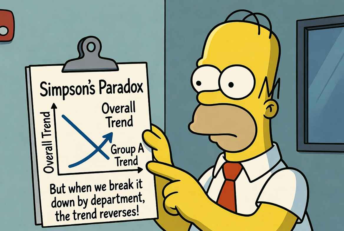 Homer Simpson looks at aggregate vs group charts illustrating Simpson's paradox in manufacturing yields.