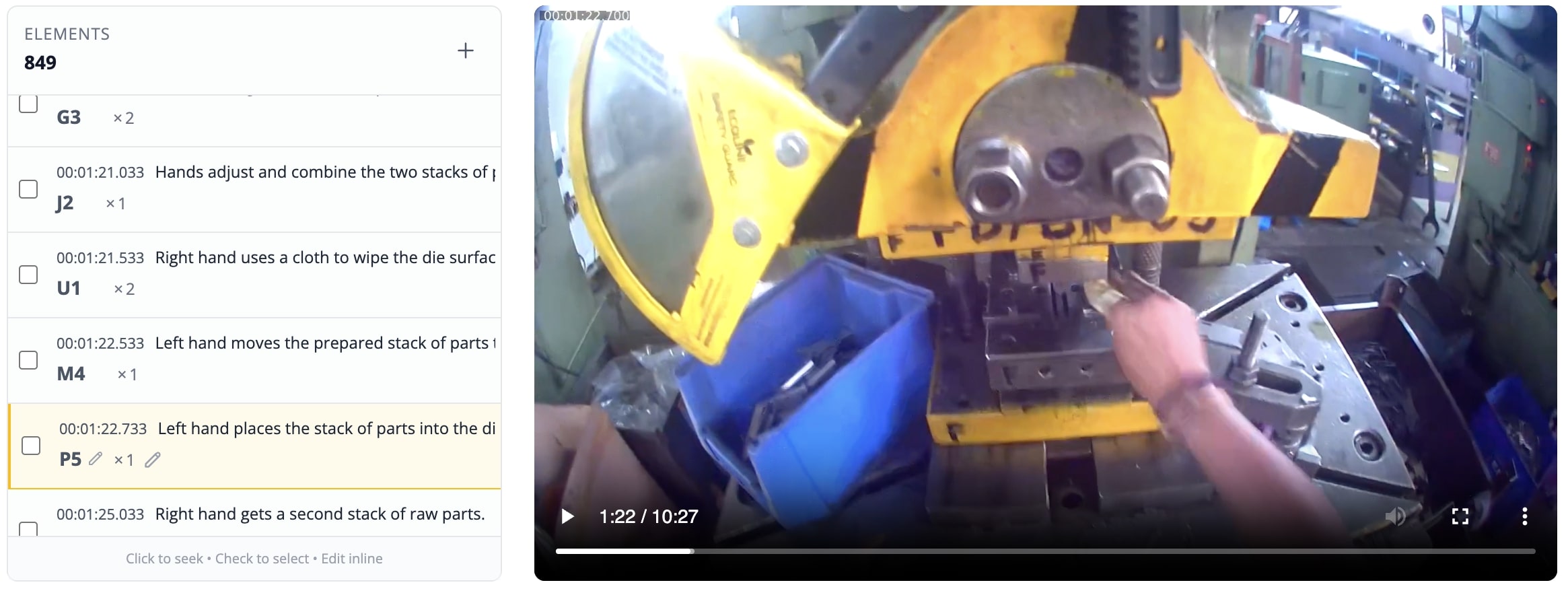 MODAPTS elements synchronized with video showing detailed motion analysis